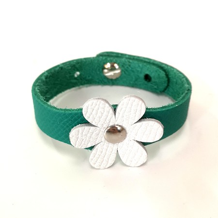 Bracelet Fleur Blanc et Vert cuir véritable