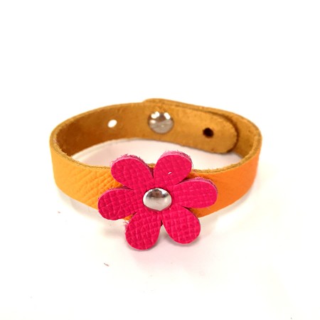 Bracelet Fleur cuir Rose et Mandarine