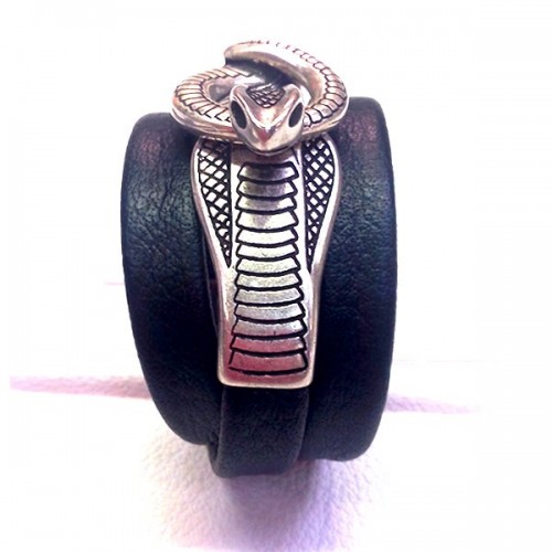Bracelet femme snake cuir buffle noir serpent argent entrelacé en cuir artisan Voyageur