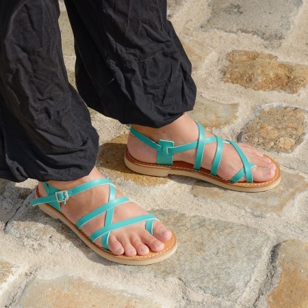 Grec sandale artisanale femme bleu vert tannage végétal