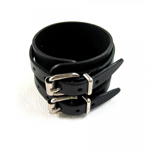 Bracelet de Force 2 boucles cuir véritable noir fabrication artisanale française Voyageur
